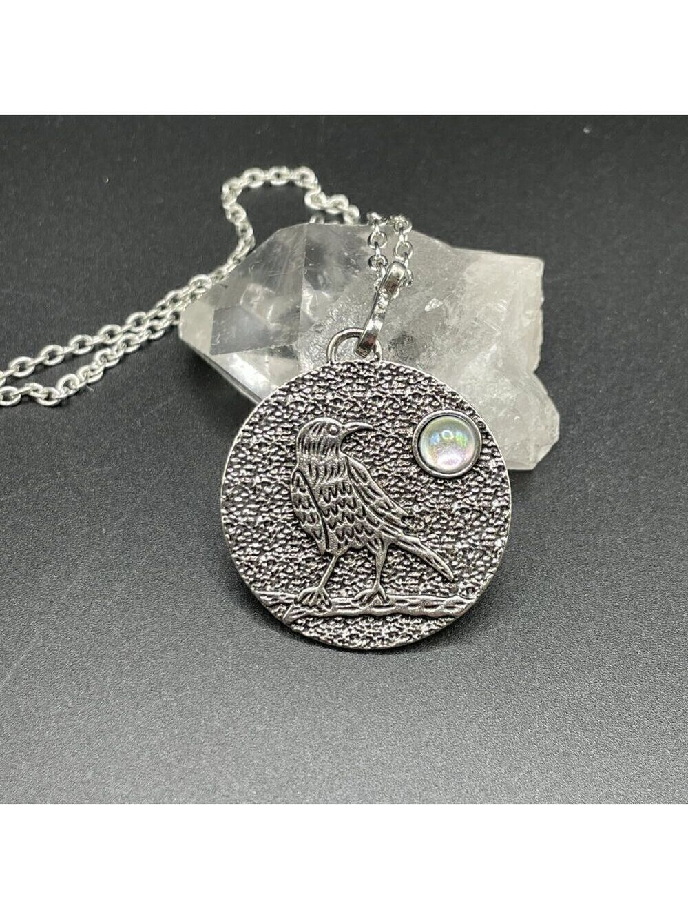 Medium Raven Silver Tone Moon Moonstone Pendant and Necklace #1338